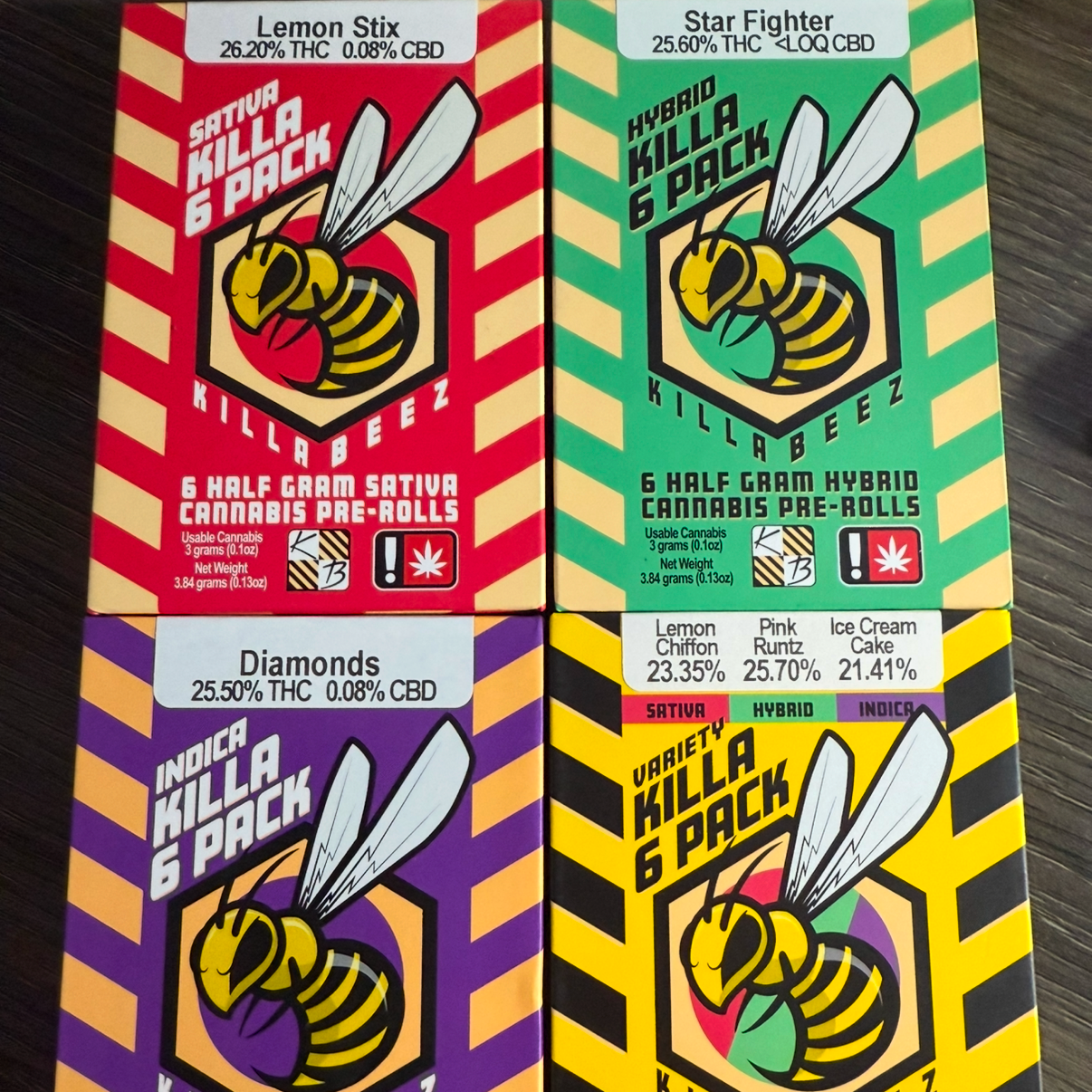 Photograph of product: pack Killa Beez 6 pack, assorted variety & strain specific (oui'd, hybrid or oui'd) 6 packs