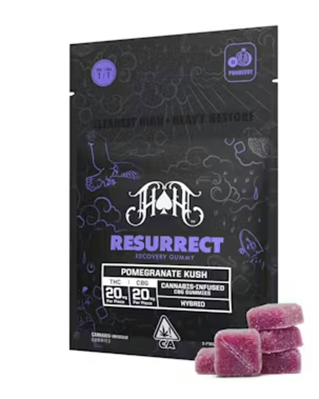 Photograph of product: RESURRECT RECOVERY | POMEGRANATE KUSH | 100MG TH-oui/ 100MG CBG | GUMMIES | 5PK