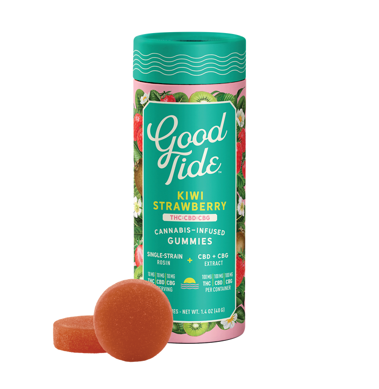 Photograph of product: Good Tide - Live Rosin Gummies - Kiwi Strawberry (H) - 100mg (1:1:1)(TH-oui:CBD:CBG)