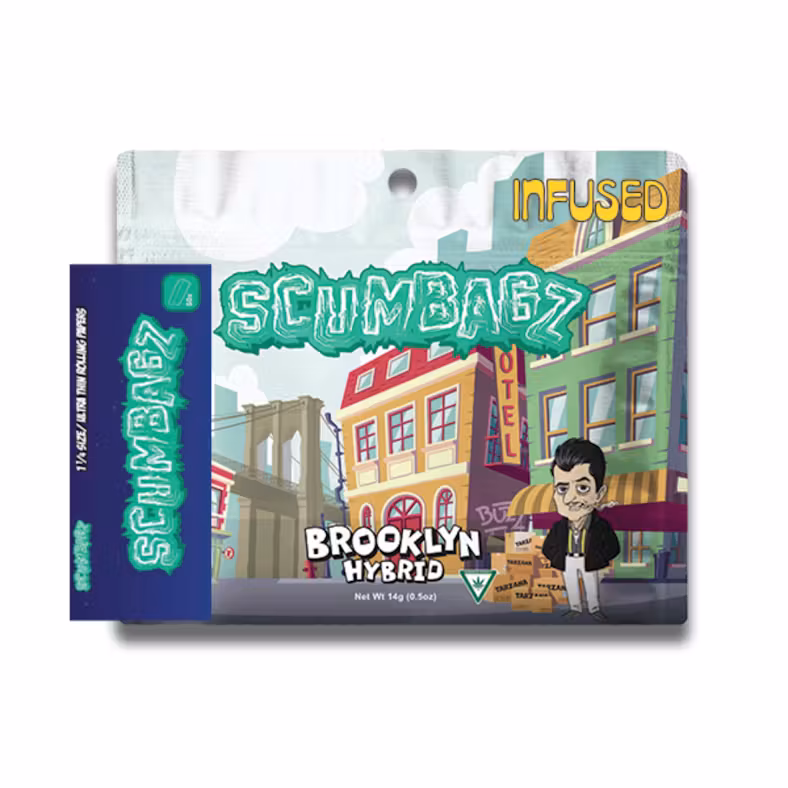 Photograph of product: SCUMBAGZ BROOKLYN HYBRID INFUSED GROUND FLOWER PREPACK 14G