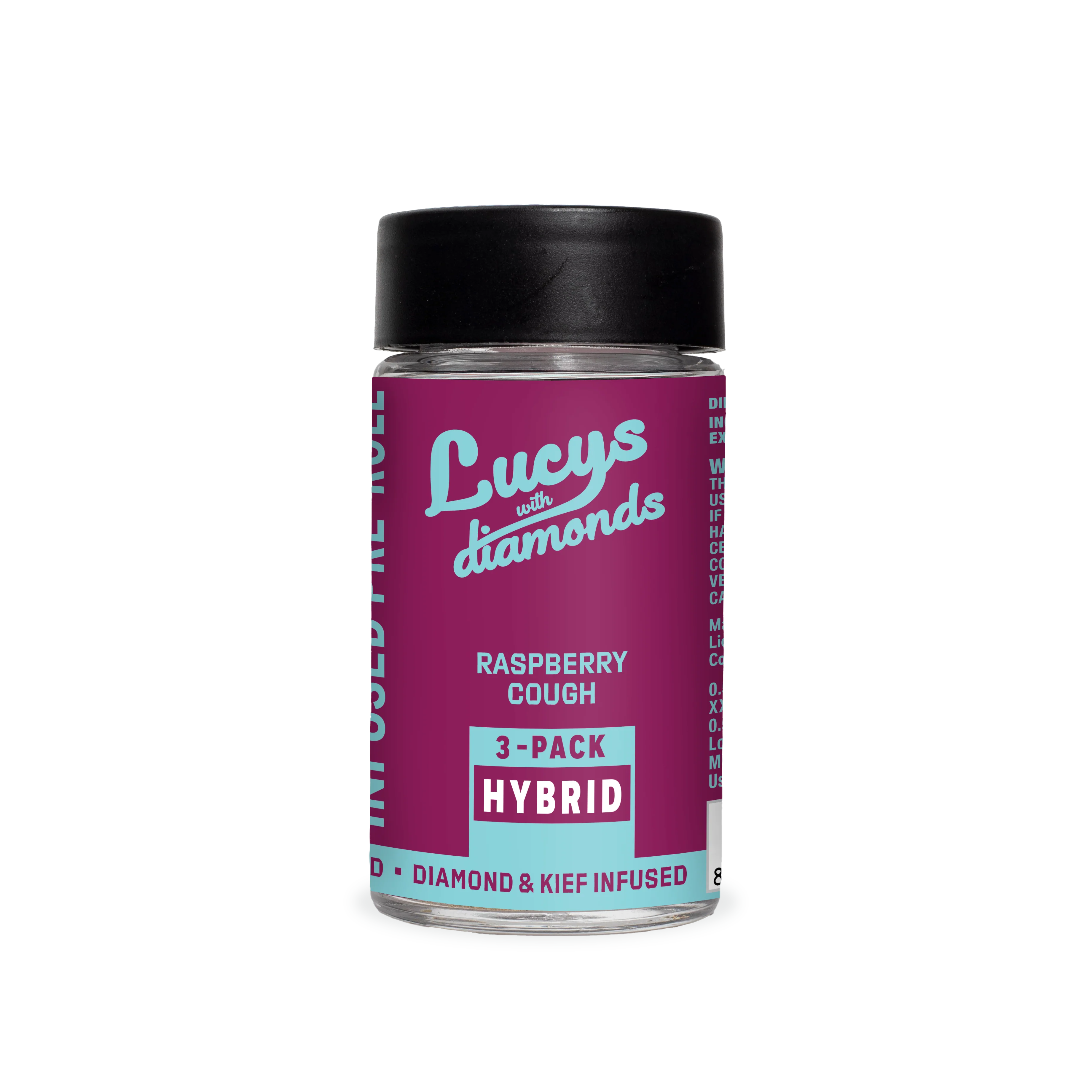 Photograph of product: Blotter | Lucys | Raspberry Cough | Oui'd | Diamond & Kief Infused | 3 Pack Pre-Roll | 2.1g