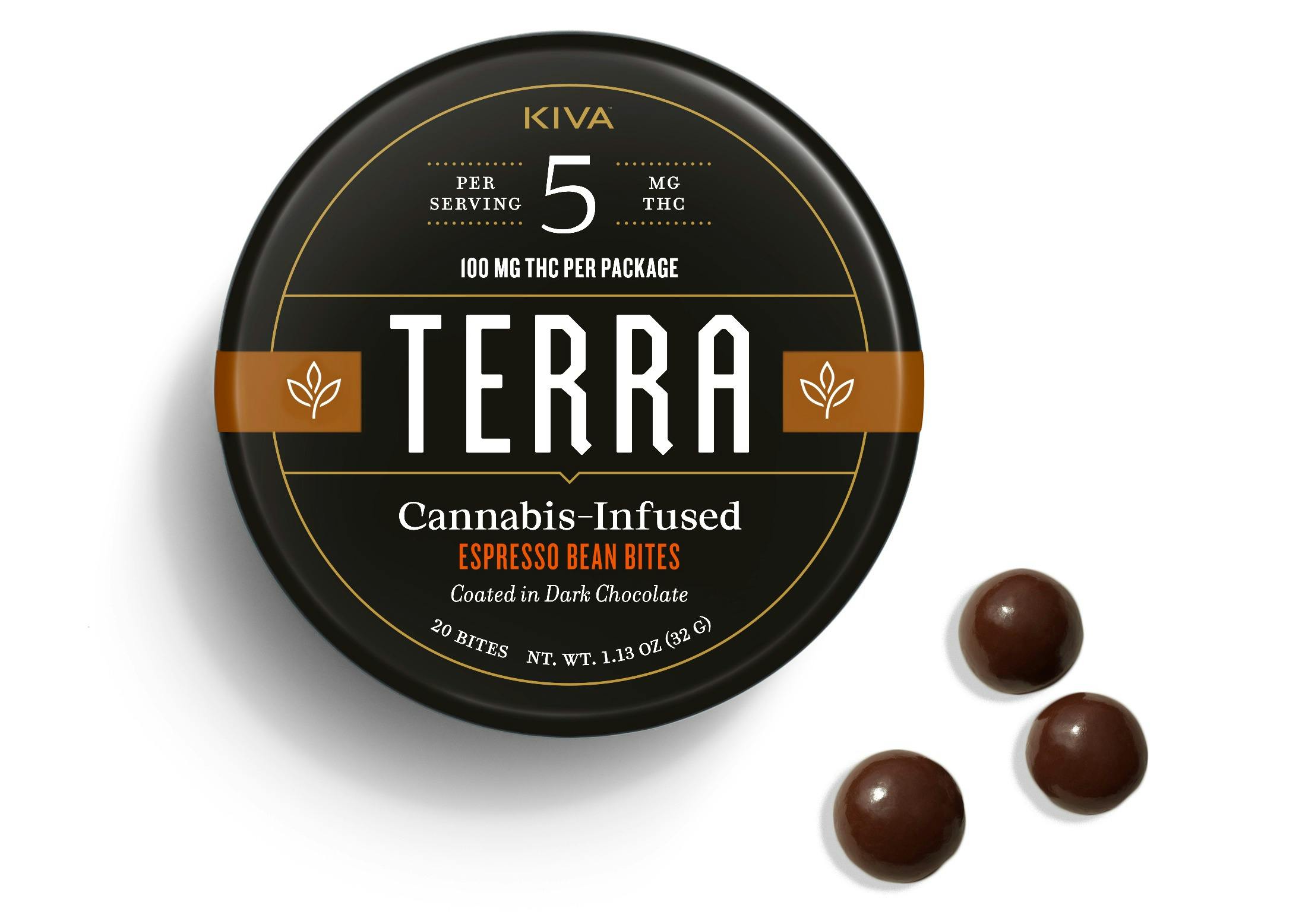 Photograph of product: Kiva | Terra Bites - 100mg Dark Chocolate Espresso Beans