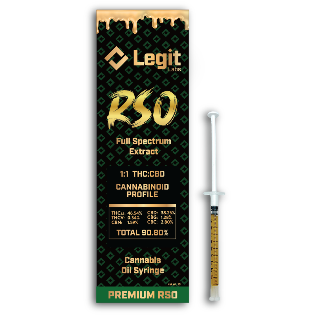 Photograph of product: Legit Labs | Full Spectrum RSO | 1:1 TH-oui:CBD | 1g