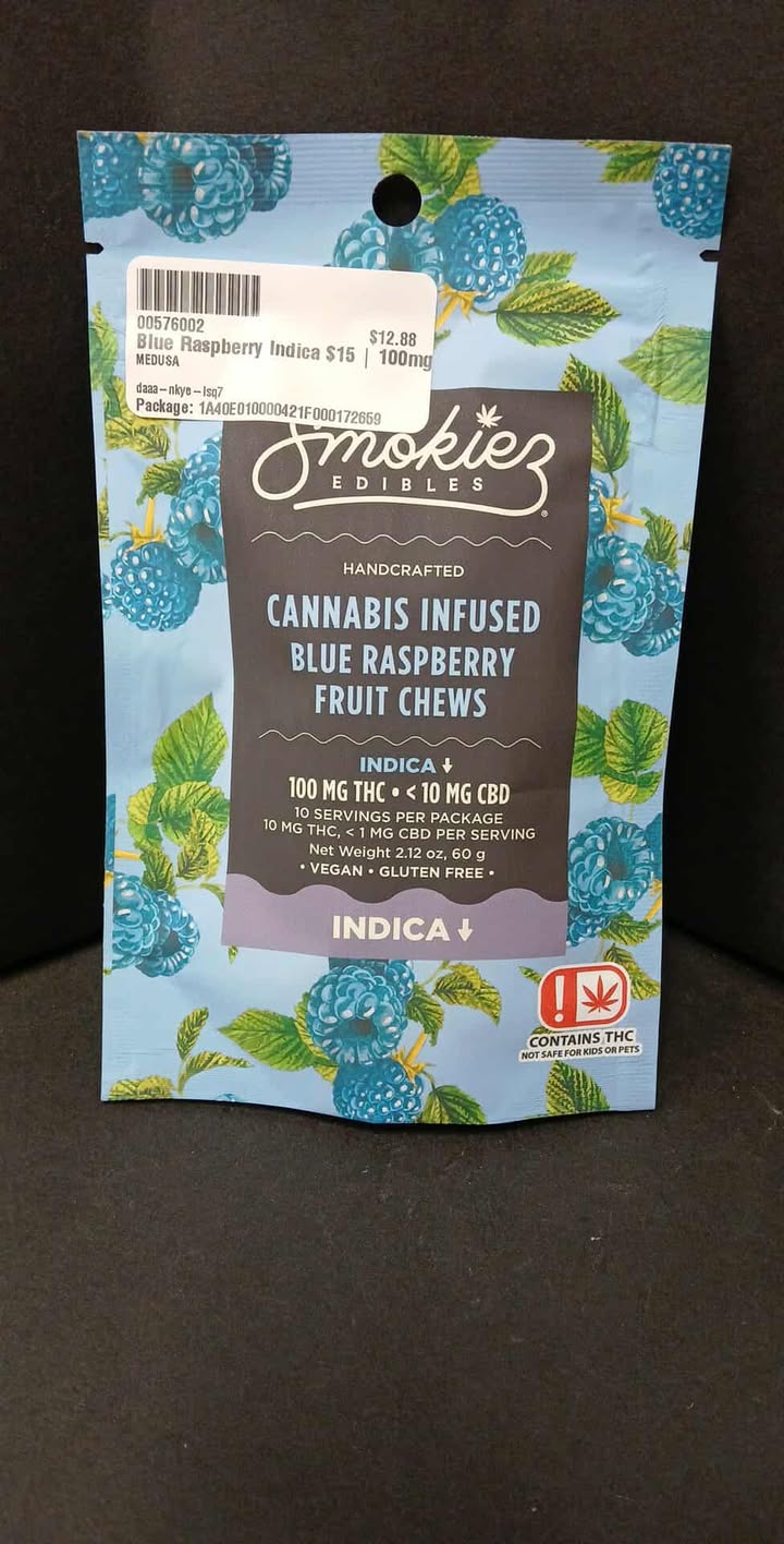 Photograph of Product: Blue Raspberry Indica $15 | 100mg Gummy | Smokiez