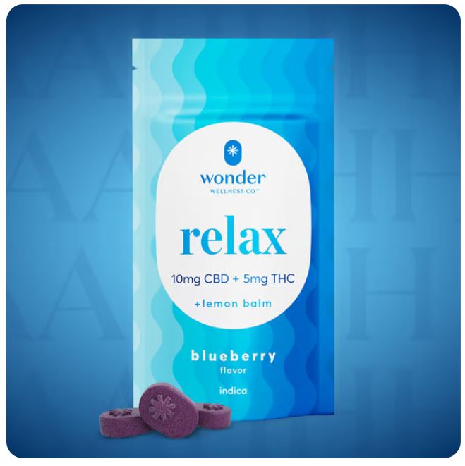 Photograph of product: Relax 1:2  Blueberry SOFT Troches (5MG TH-oui/10MG CBD) troche 20pk (300MG)