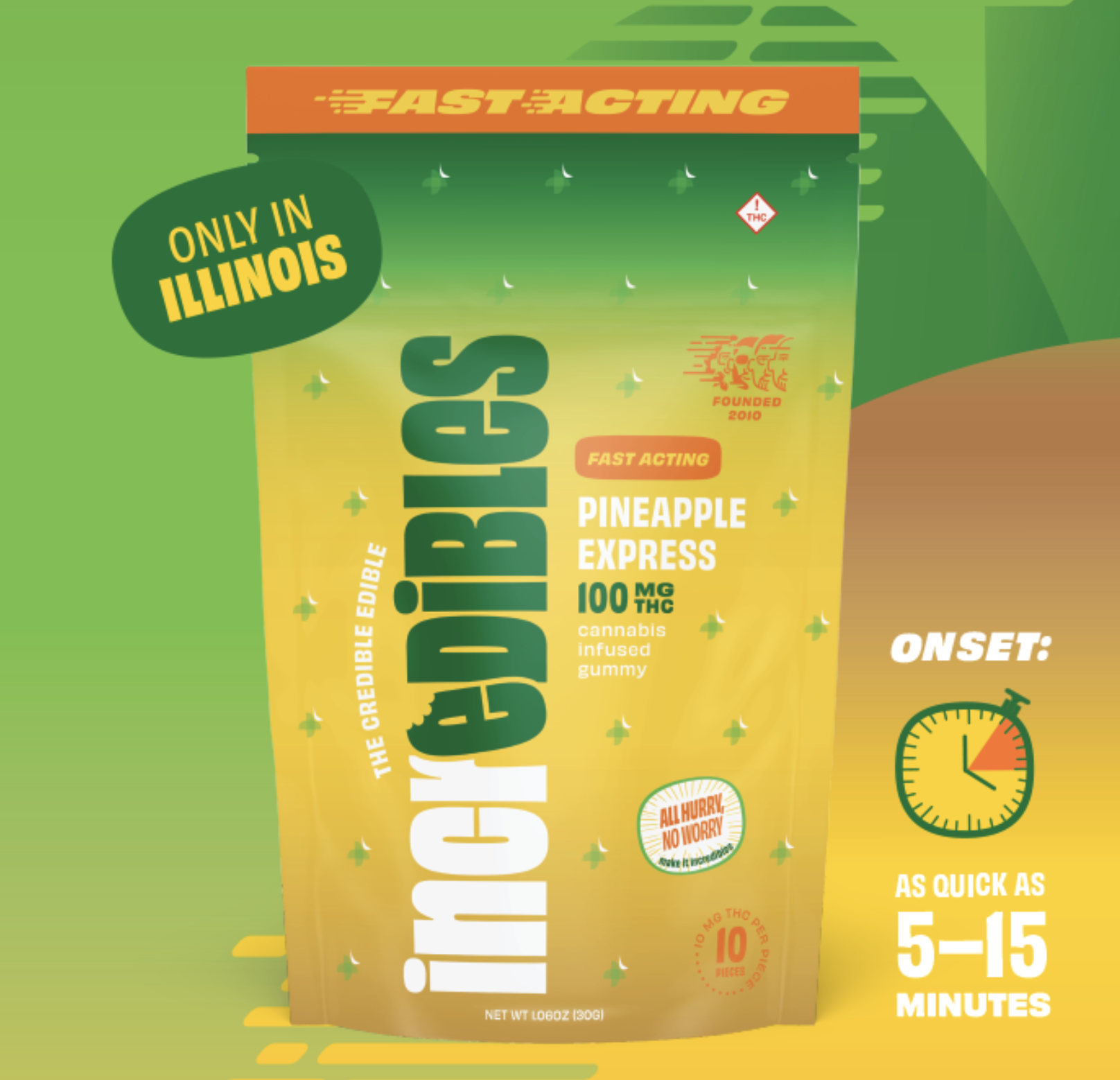 Photograph of product: INCREDIBLES PINEAPPLE EXPRESS FAST ACTING GUMMIES 10PK 100MG