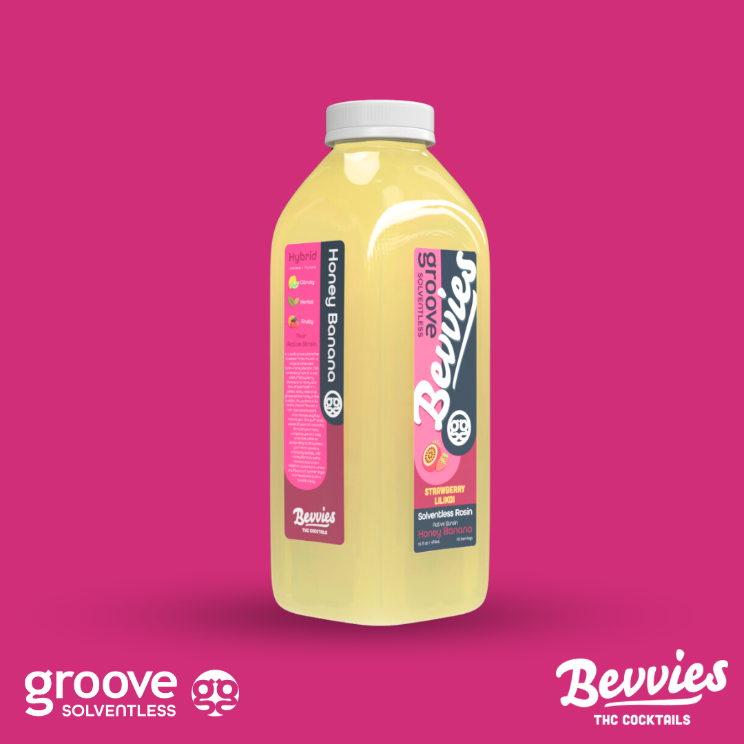 Photograph of product: Bevvies x Groove - Strawberry Lilikoi (Honey Banana) Solventless Beverage