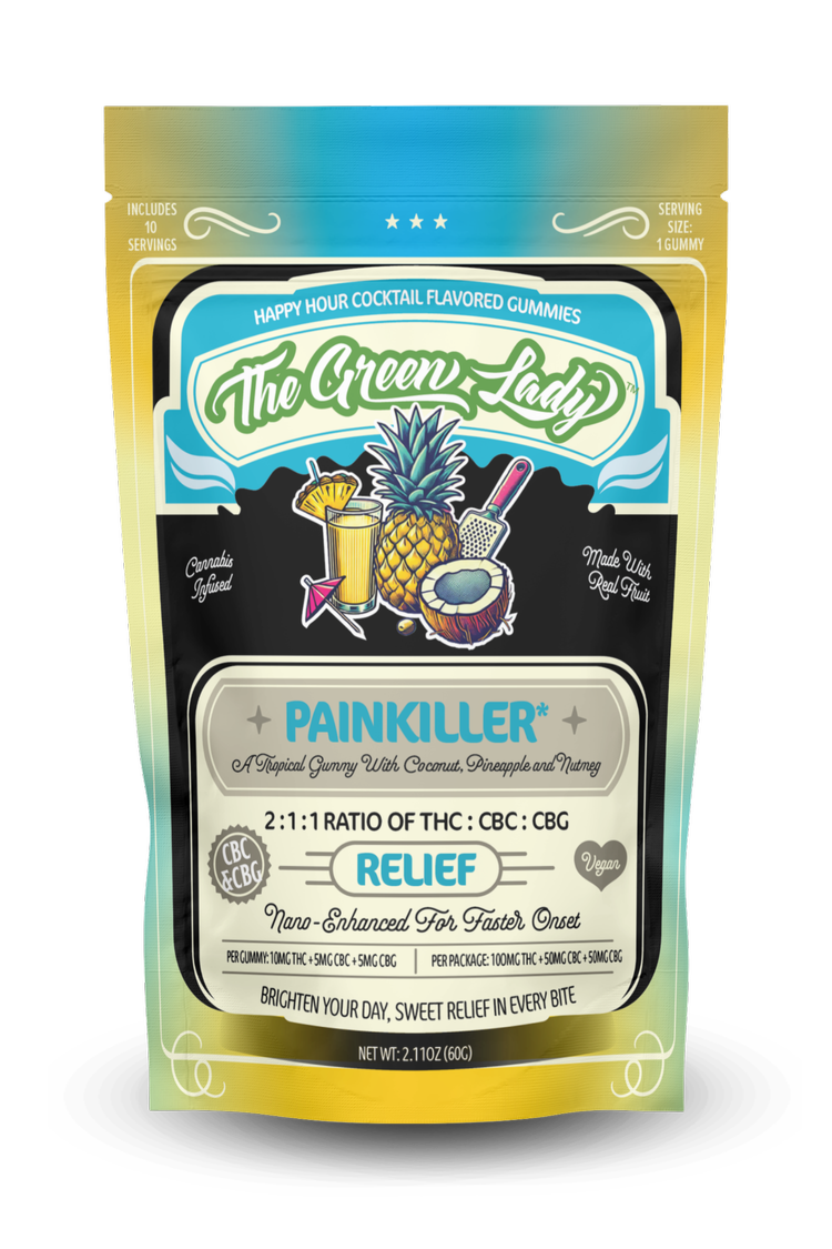 Photograph of product: The Green Lady | Painkiller Relief Gummies | 100mg Package