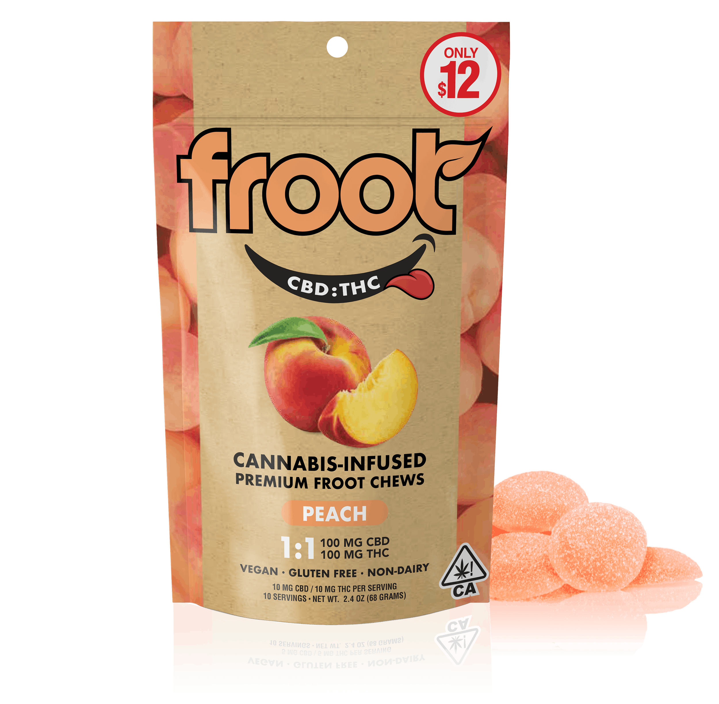 Photograph of product: Froot - Peach - Gummy - 1:1  CBD/TH-oui - 100mg