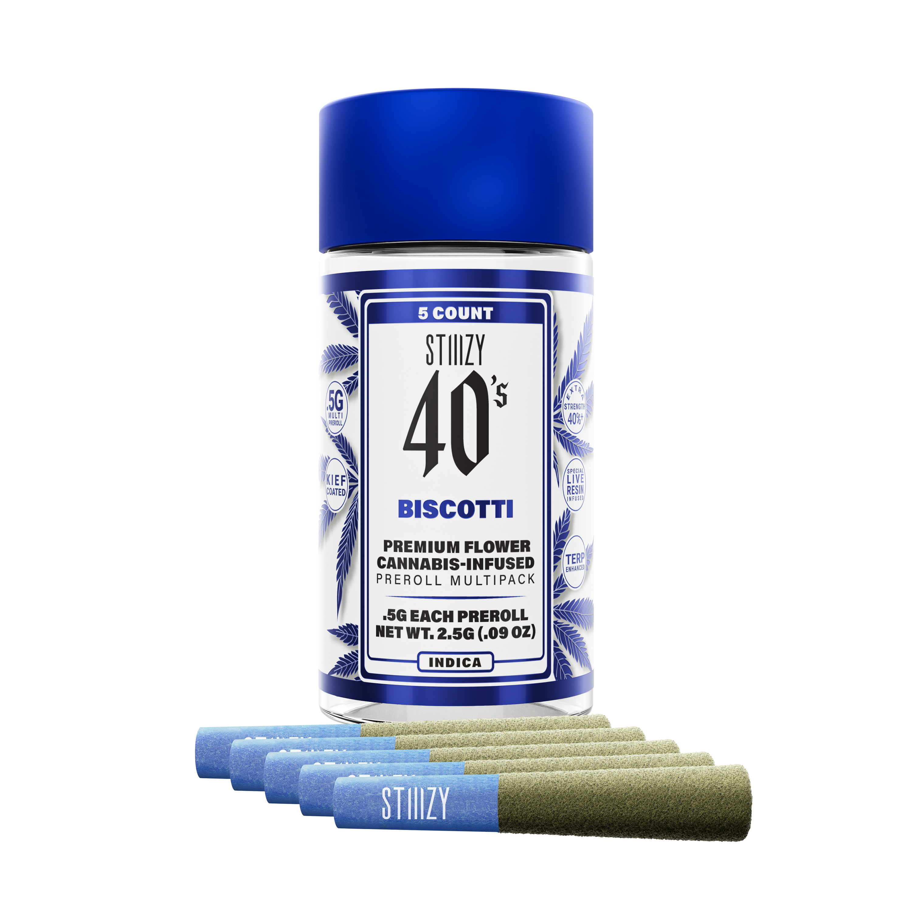Photograph of product: Stiiizy - Infused Prerolls 40's 5pk - Biscotti (I) (2.5g)