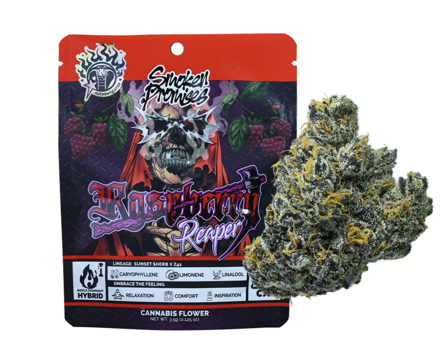 Photograph of product: Smoken Promises Indoor Flower 3.5g Eighth - Raspberry Reaper (H)