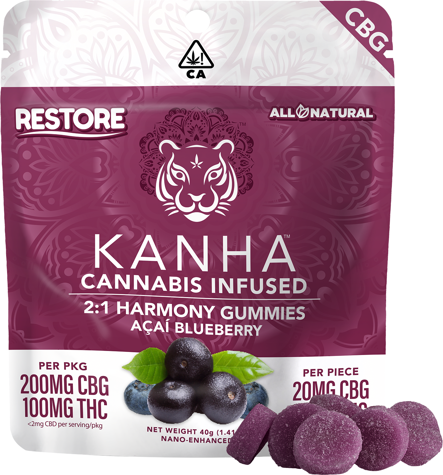 Photograph of product: 2:1 Blueberry Acai Harmony Restore CBG Gummies