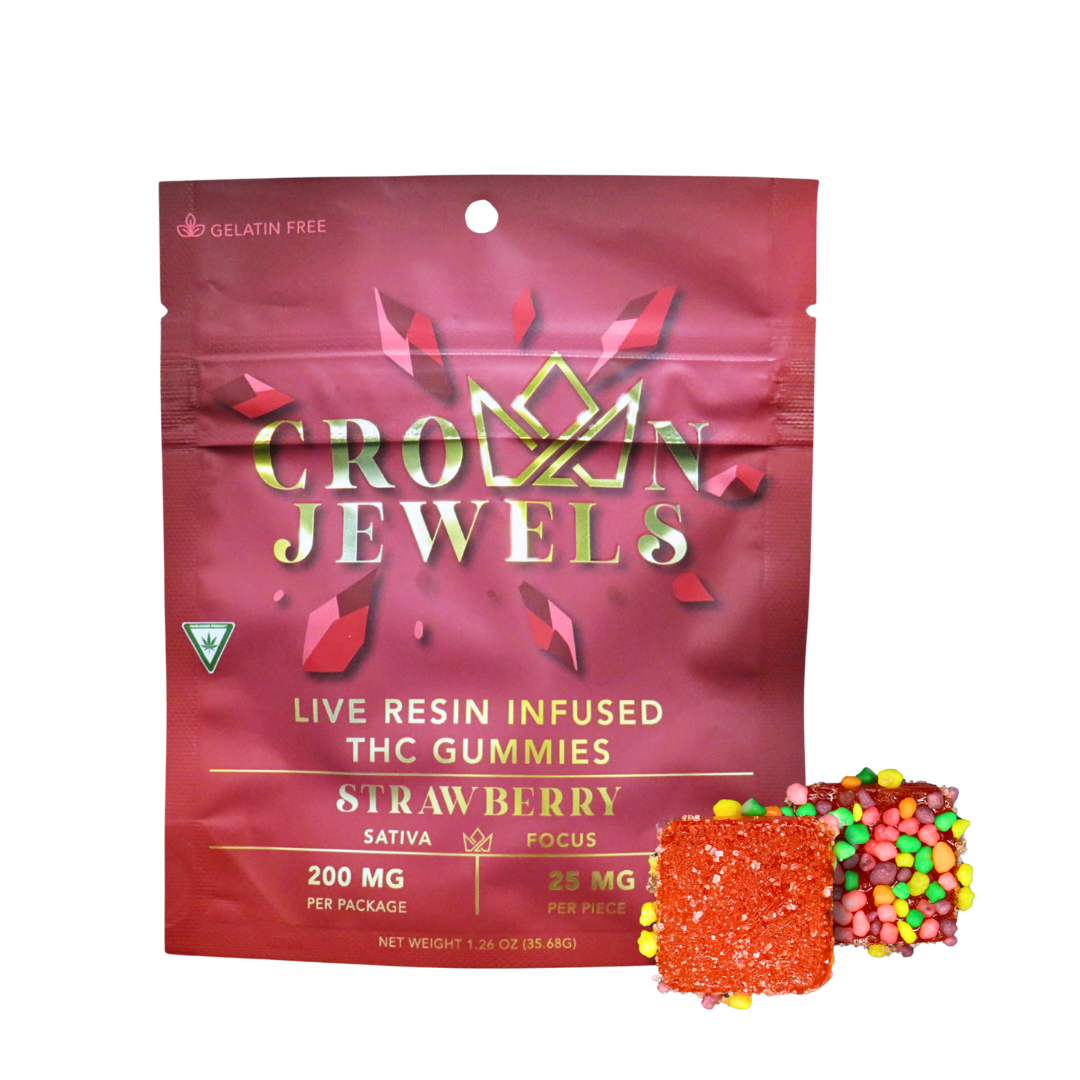 Photograph of product: Gold Crown | Strawberry Crown Jewels Live Resin Focus Gummies | 8x25mg | 200mg