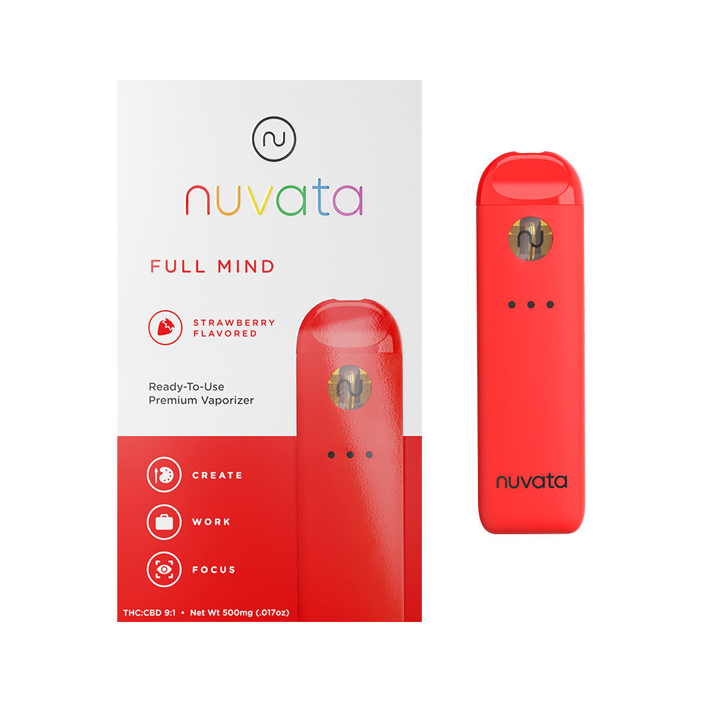 Photograph of product: Full Mind Strawberry | 0.5g | 9:1 | TH-oui:CBD | Disposable Vape | Nuvata