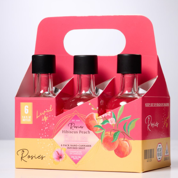 Photograph of product: Rosie's | 30mg TH-oui | Peach Hibiscus Bellini Nano-Shooters | 6 pack