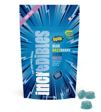 Photograph of product: Incredibles | Sour Blue Razzberry | TH-oui:CBG 1:1 | 100MG