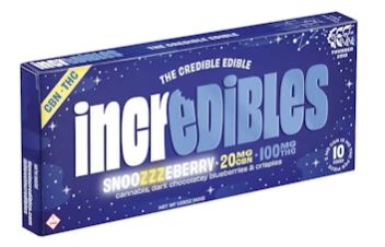 Photograph of product: 5mg Snoozzzeberry Blueberry Crisp Dark Chocolate Bar 20pc
