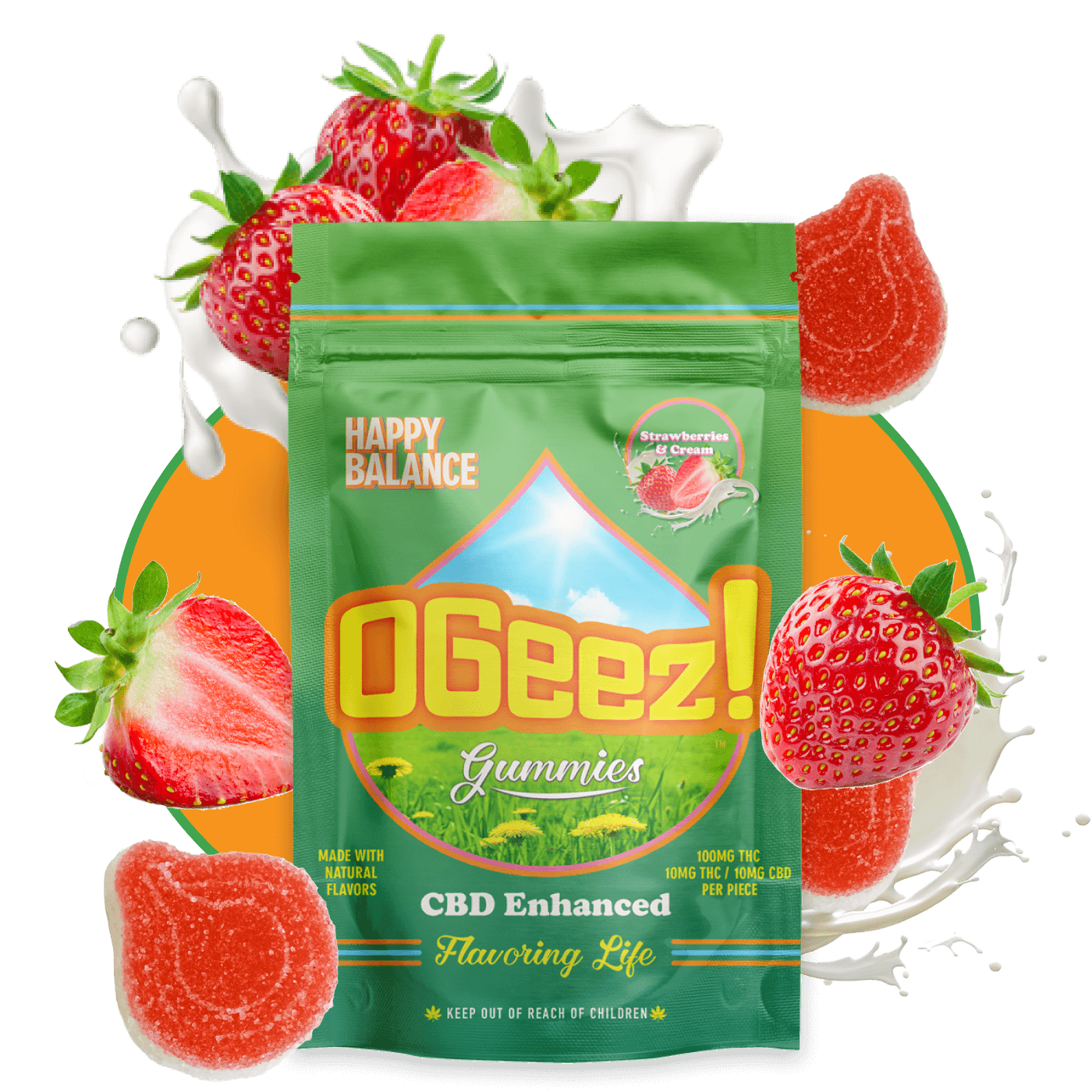 Photograph of product: OGeez! l Happy Balance Strawberries and Cream 1:1 [TH-oui:CBD] l 10pk l 100mg