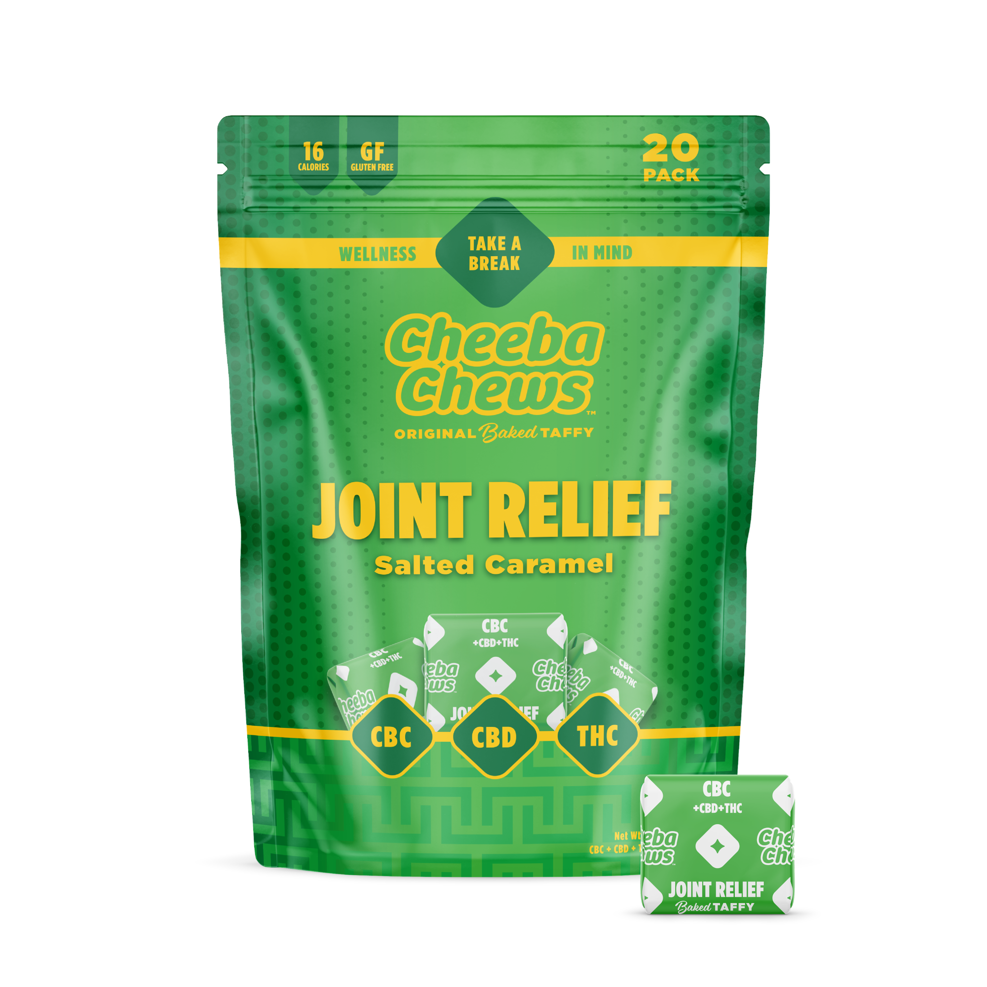 Photograph of product: Cheeba Chews | Joint Relief (TH-oui:CBD:CBC) Salted Caramel Taffy | 20 Pack (100mg)