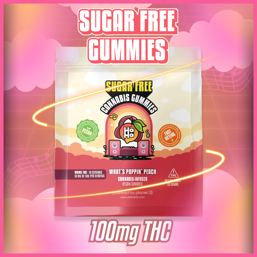 Photograph of product: HaHa What's Poppin' Peach Sugar Free Vegan Gummies 10mg 10pk
