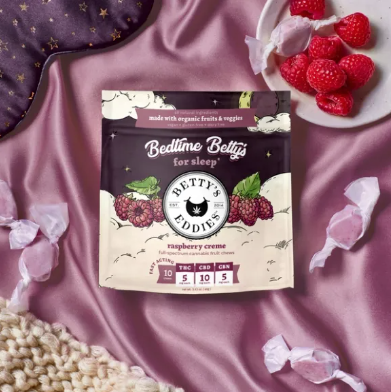 Photograph of product: Betty's Eddies Bedtime Eddies Raspberry Creme Chews for Sleep 50mg 10pk