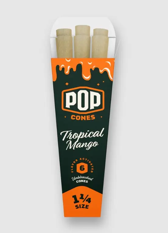 Photograph of product: Pop Cones - Tropical Mango UNBLEACHED 1 1/4 Size Pre-Rolled Cones