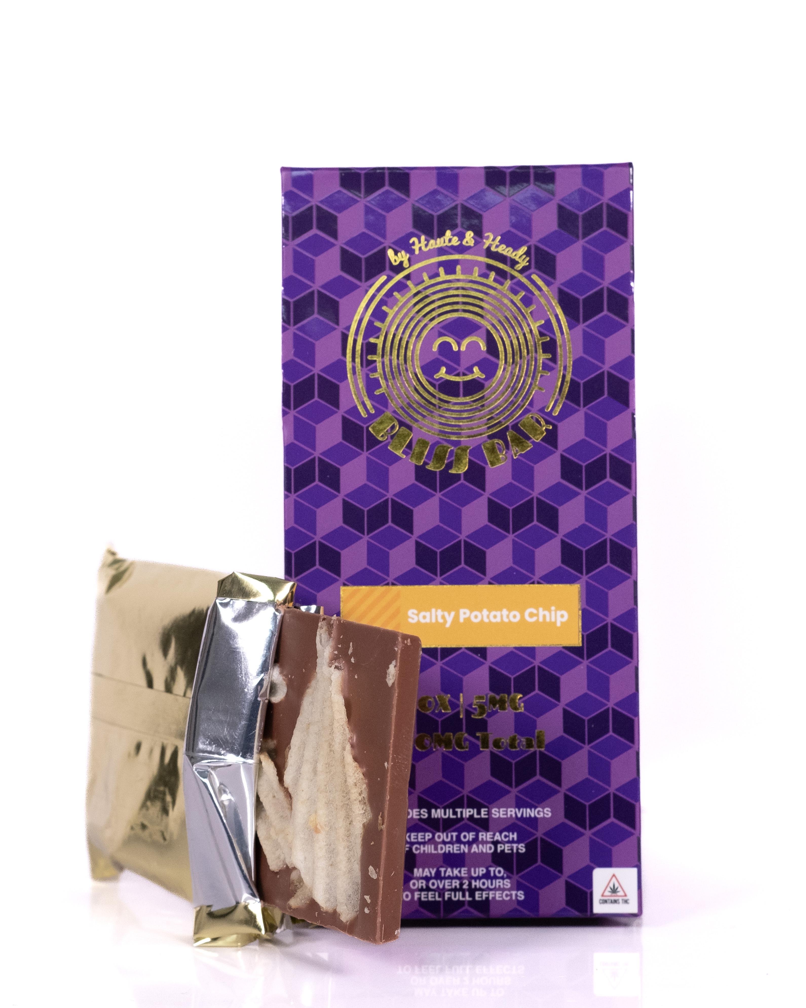 Photograph of product: Haute & Heady - 100mg Bliss Bars - Salty Potato Chip Chocolate Bar