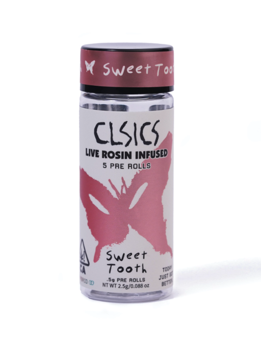 Photograph of product: Strawberry Sweet Tooth Strain - Live Rosin Infused Preroll 5pk | CLSICS