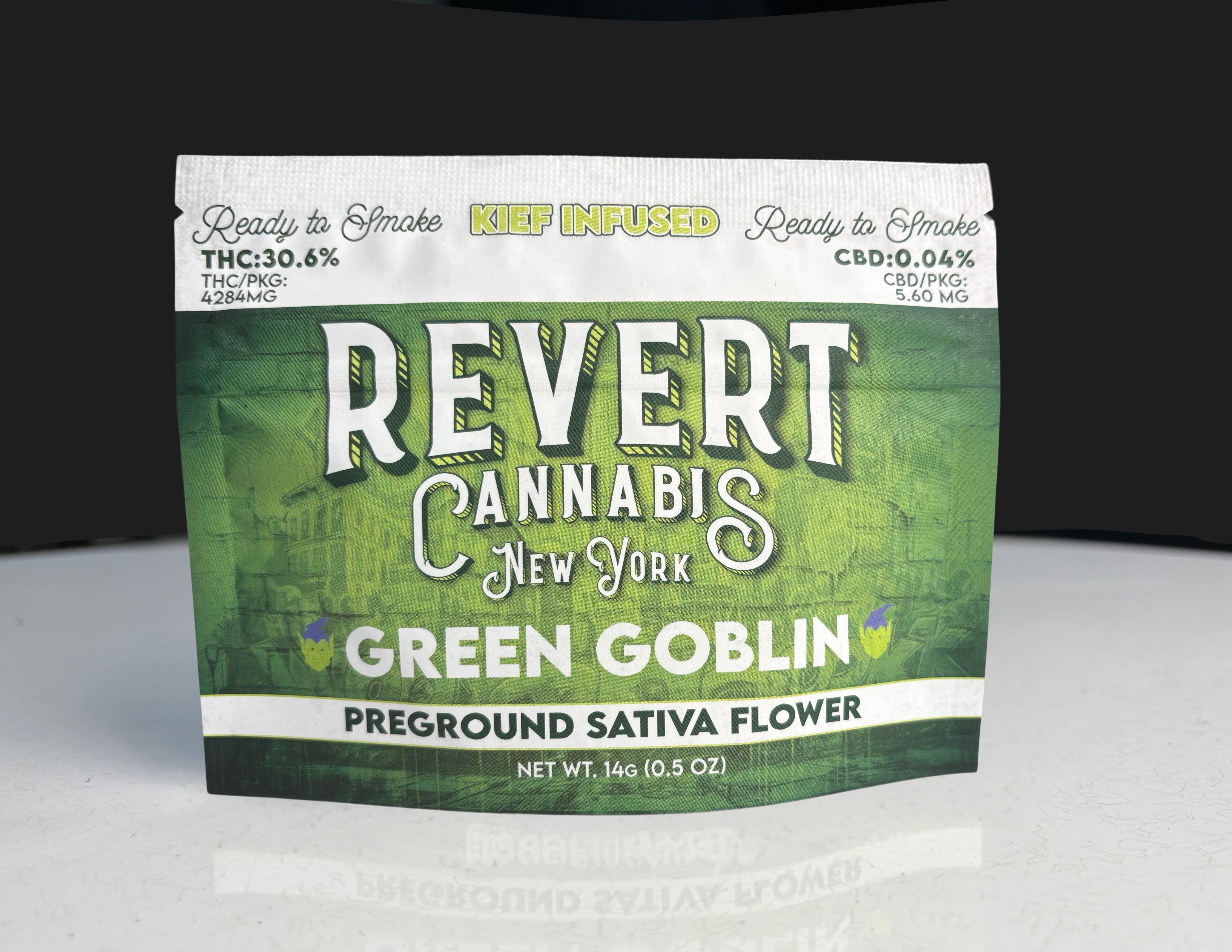 Photograph of product: Revert: Ready to Smoke Green Goblin Oui'd Kief Infused Ground Flower - 14g
