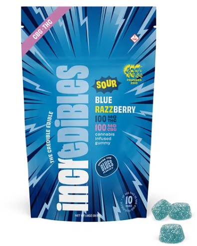 Photograph of product: Incredibles | Sour Blue Razzberry 1:1 TH-oui:CBG | 10mg/10pk Gummies