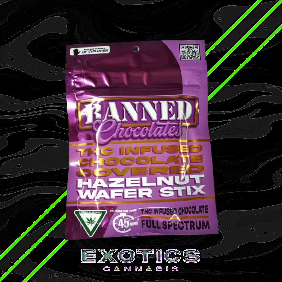 Photograph of product: Banned Chocolates - Hazelnut Wafer Stix 3-Pack 200mg (2/$15)