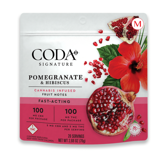Photograph of product: Coda | Fruit Notes | - 100mg | 1:1 | TH-oui:CBN | Pomegranate and Hibiscus