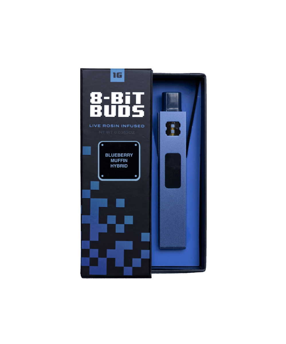 Photograph of product: 8 Bit Buds Rosin Infused AIO 1g - Blueberry Muffin (H)