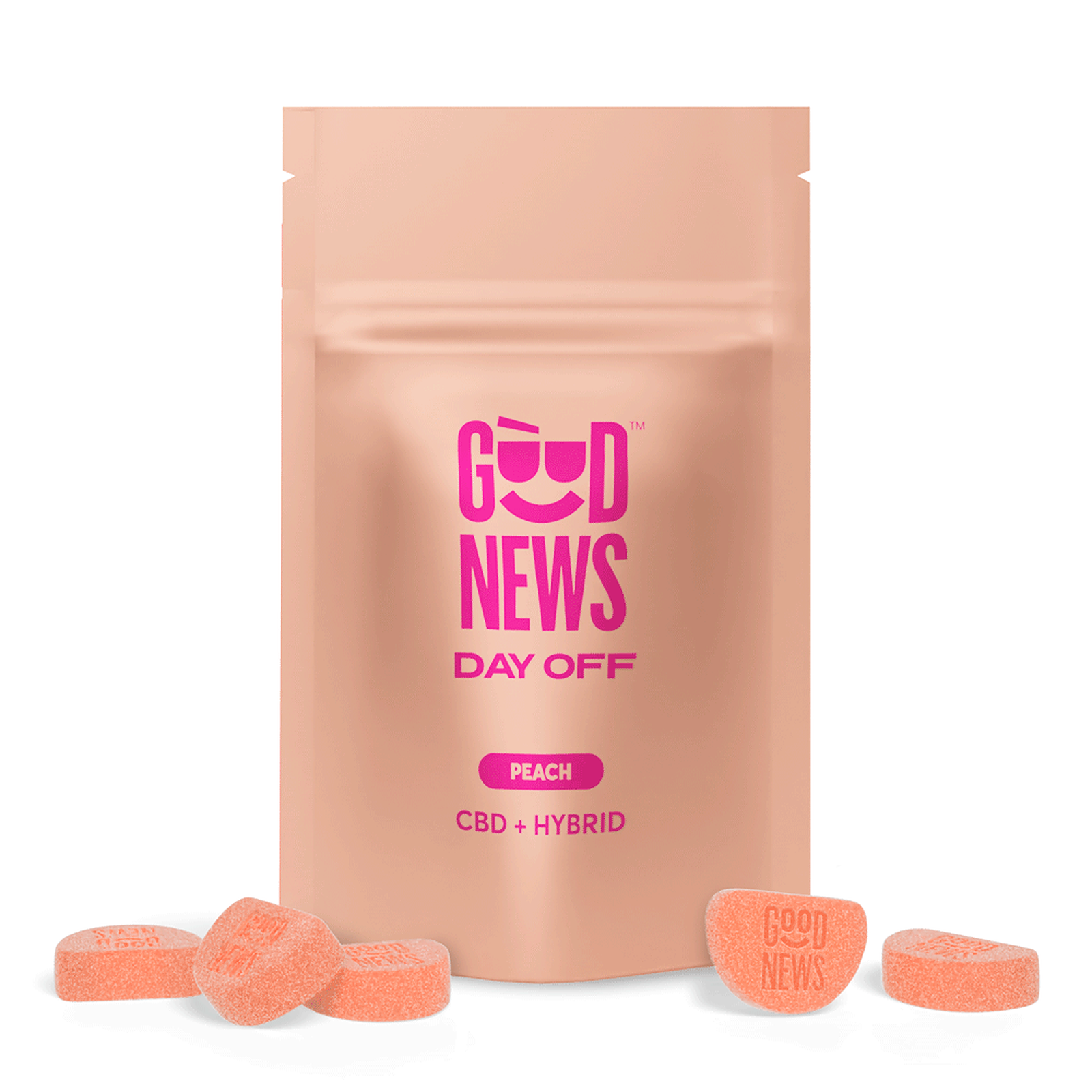 Photograph of product: Good News Day Off Peach (H) 1:1 TH-oui:CBD Gummies 5mg 20pk