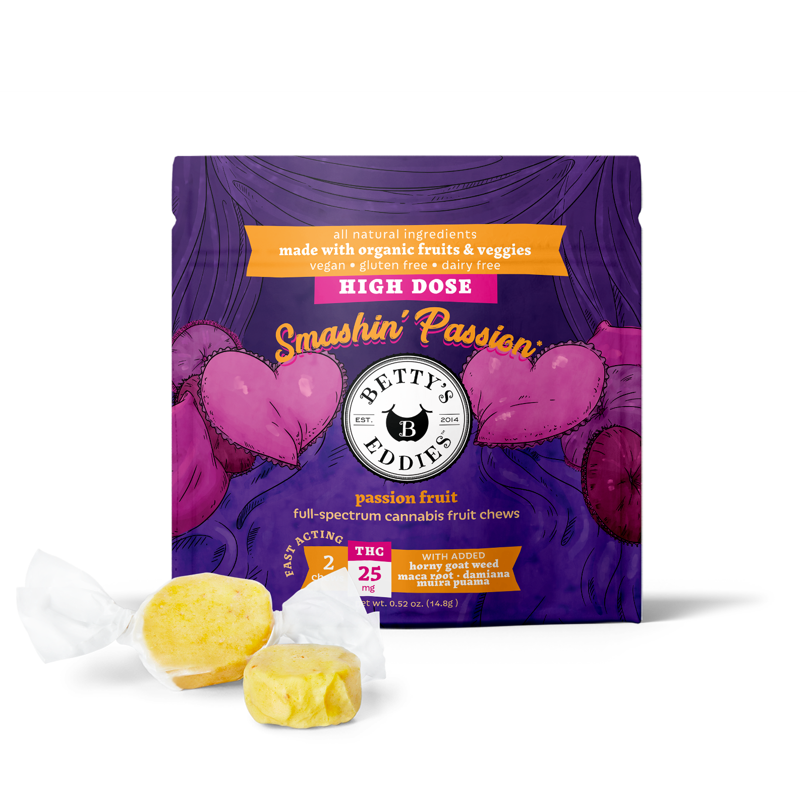 Photograph of product: Passion Fruit (High Dose) | 25mg | 2pk Fruit Chews | Betty's Eddies