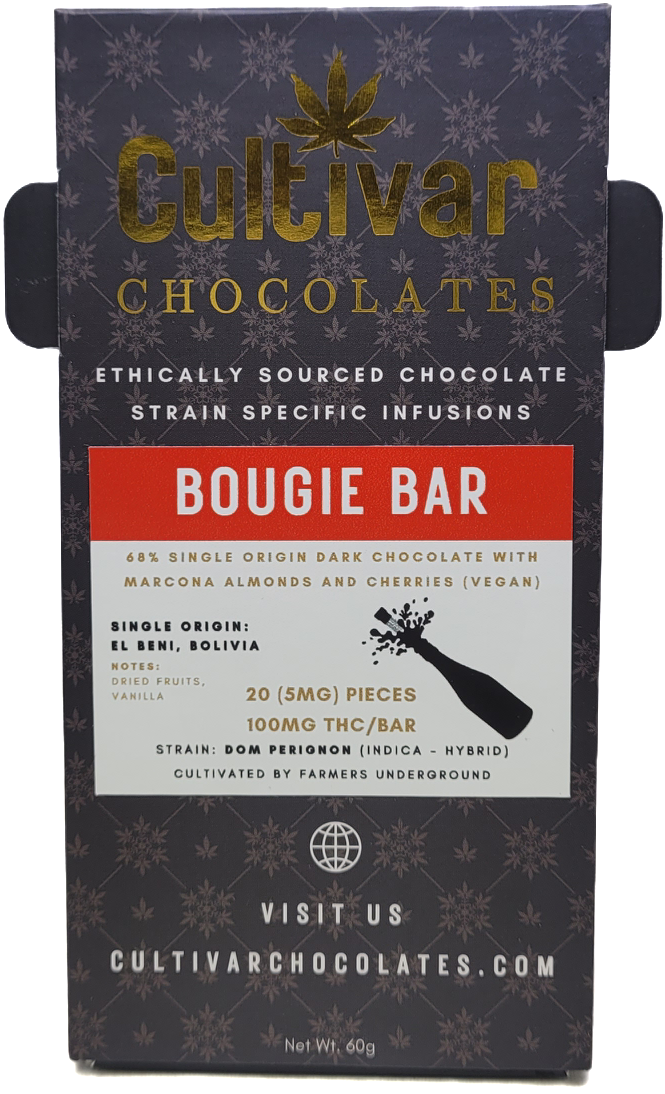 Photograph of product: Cherry Almond Dark Chocolate Resin Bougie Bar | 100mg TH-oui | Cultivar Chocolates