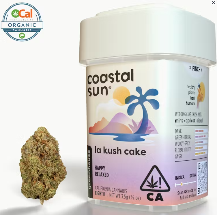 Photograph of product: Coastal Sun LA Kush Cake Indica Greenhouse Flower 3.5g