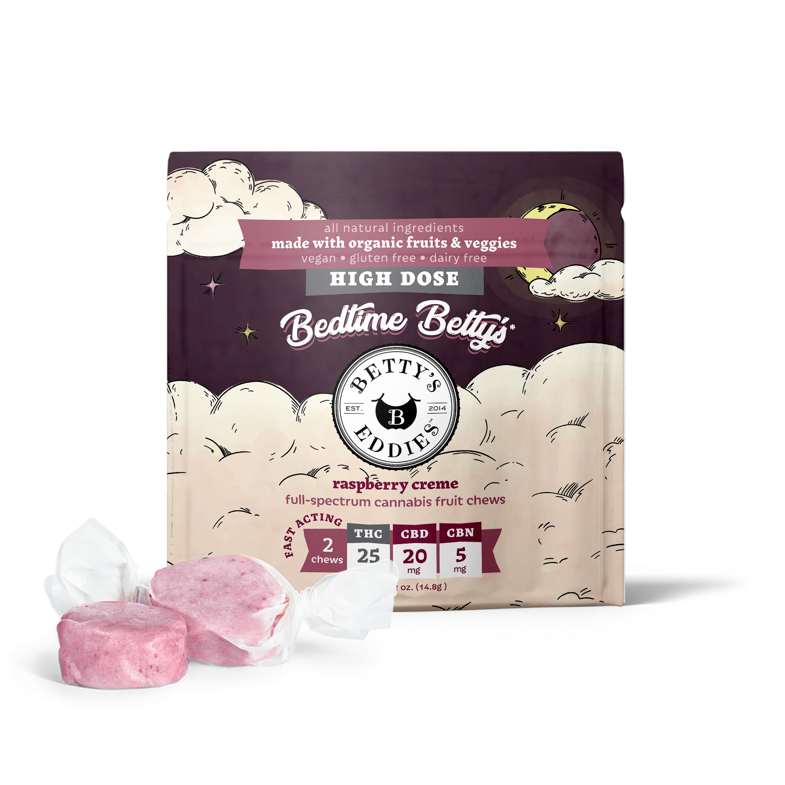Photograph of product: Raspberry Creme Bedtime Bettys [2pk] (50mg TH-oui: 40mg CBD: 10mg CBN) Fruit Chews