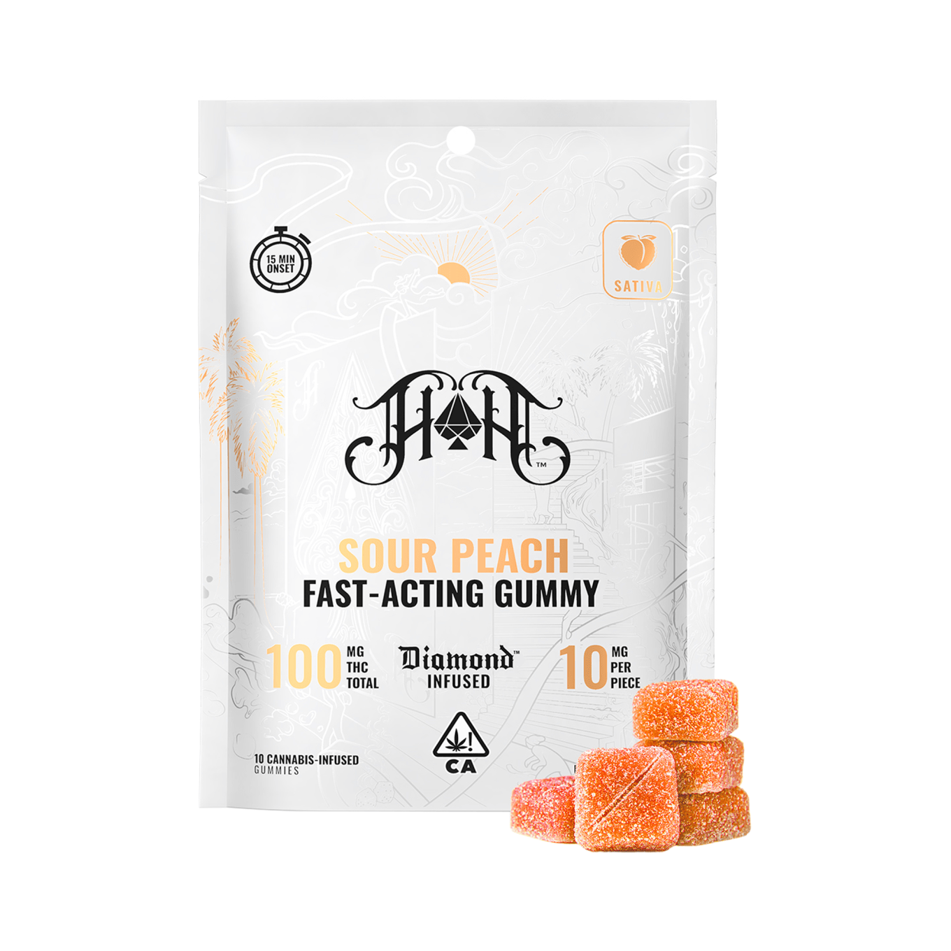 Photograph of product: Heavy Hitters - Sour Peach - 100mg - 10ct Fast Acting Gummies