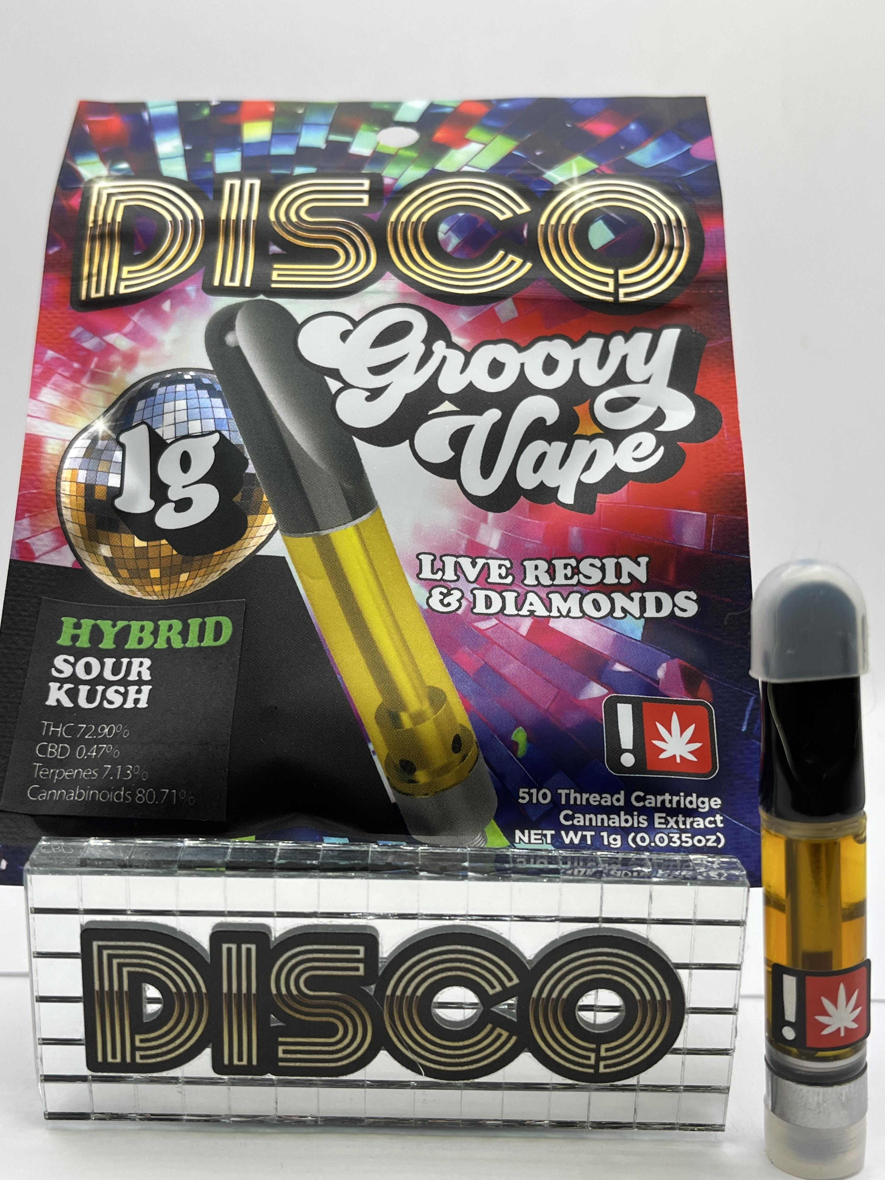 Photograph of product: Cartridge ~ Disco Dabs ~ Live Resin & Diamonds ~ Hybrid ~ High Society ~ Green Leaf Special