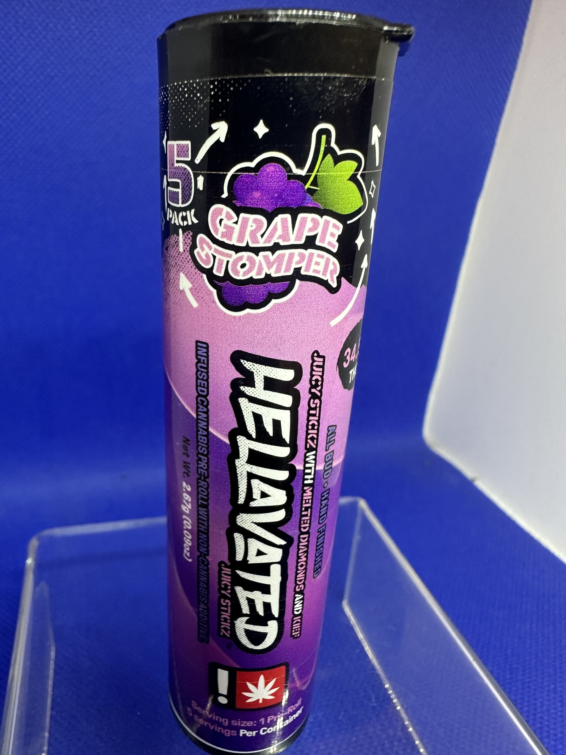 Photograph of product: HELLAVATED - INFUSED PREROLL - 5 PACK - GRAPE STOMPER