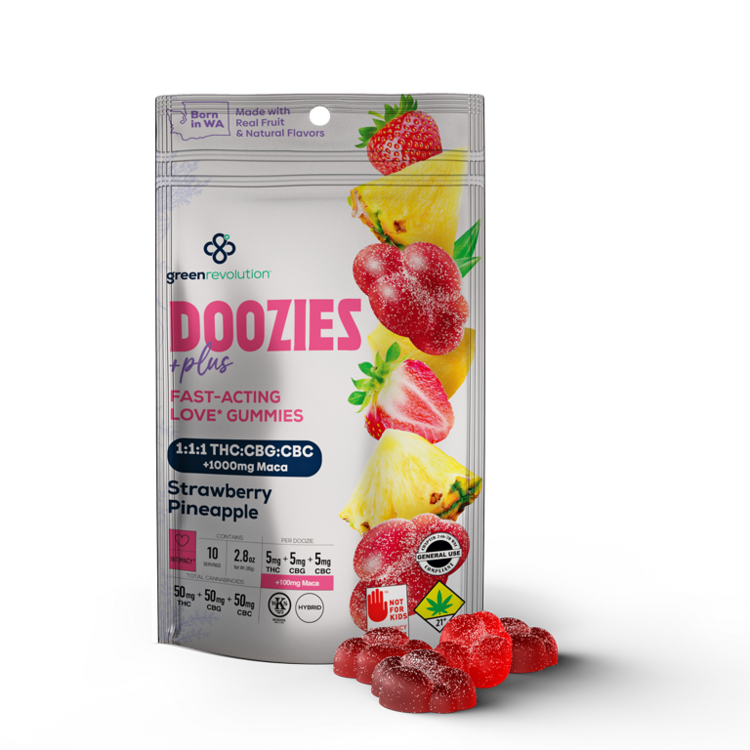 Photograph of product: 10pk Doozies PLUS Strawberry Pineapple 1:1:1 (50mg TH-oui;50mg CBC;50mg CBG) gr