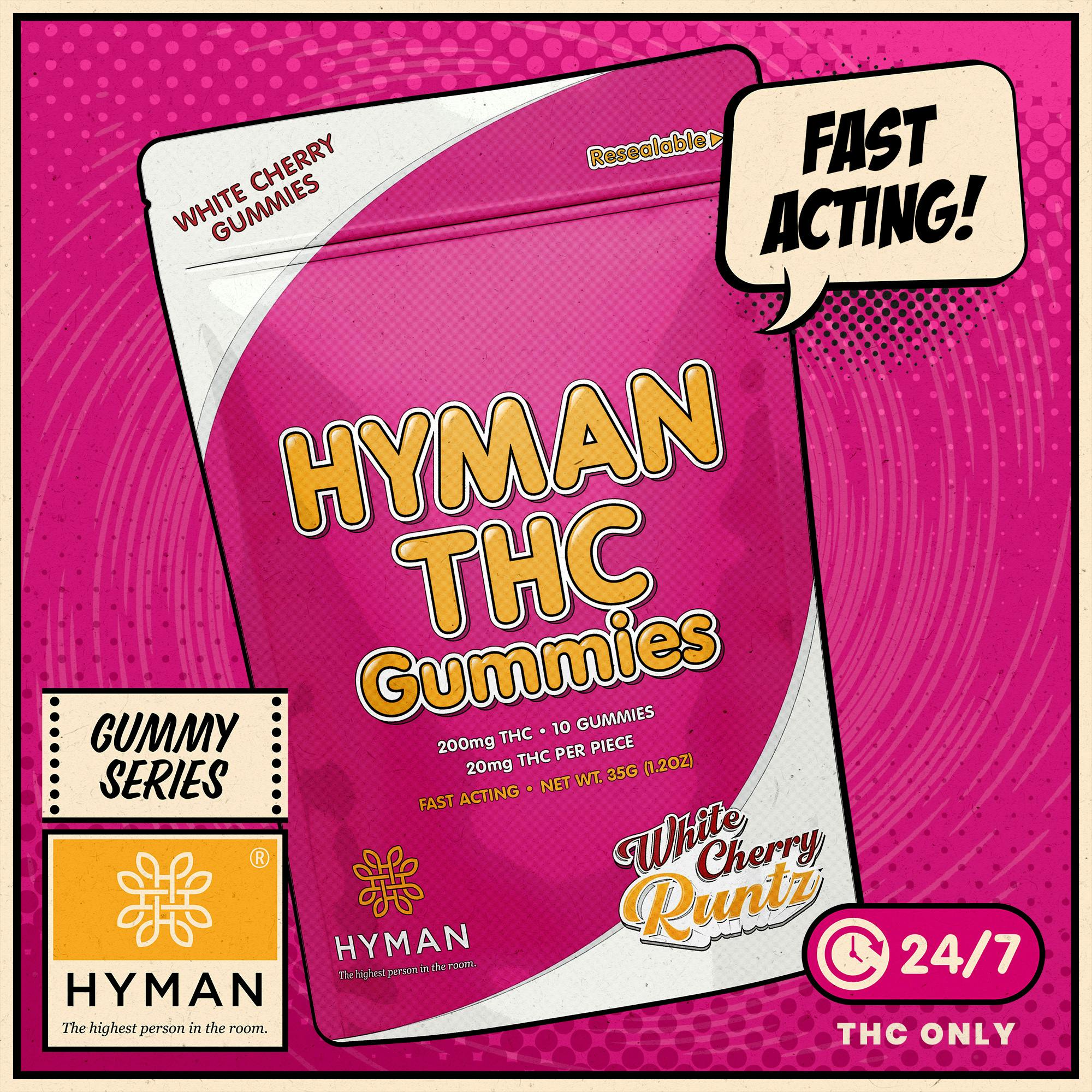 Photograph of product: HYMAN | GUMMIES | 200MG ALL DAY | WHITE CHERRY RUNTZ