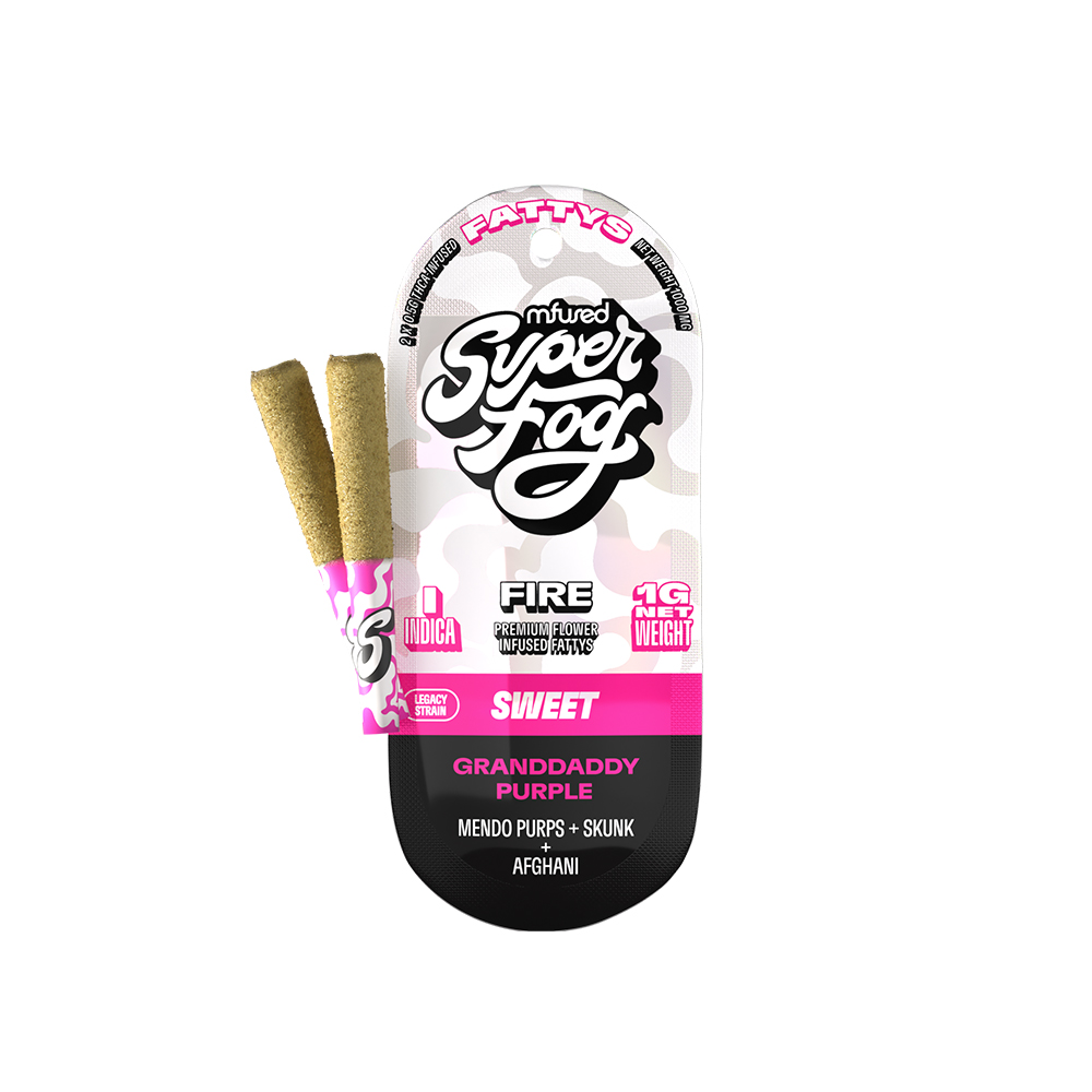 Photograph of product: MFUSED - FIRE FATTYS - PREROLL INFUSED - 0.5G - 2PK - GRANDDADDY PURPLE - Oui'd