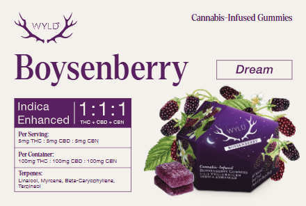 Photograph of product: WYLD - Boysenberry Gummies - 100mg TH-oui : 100mg CBD : 100mg CBN