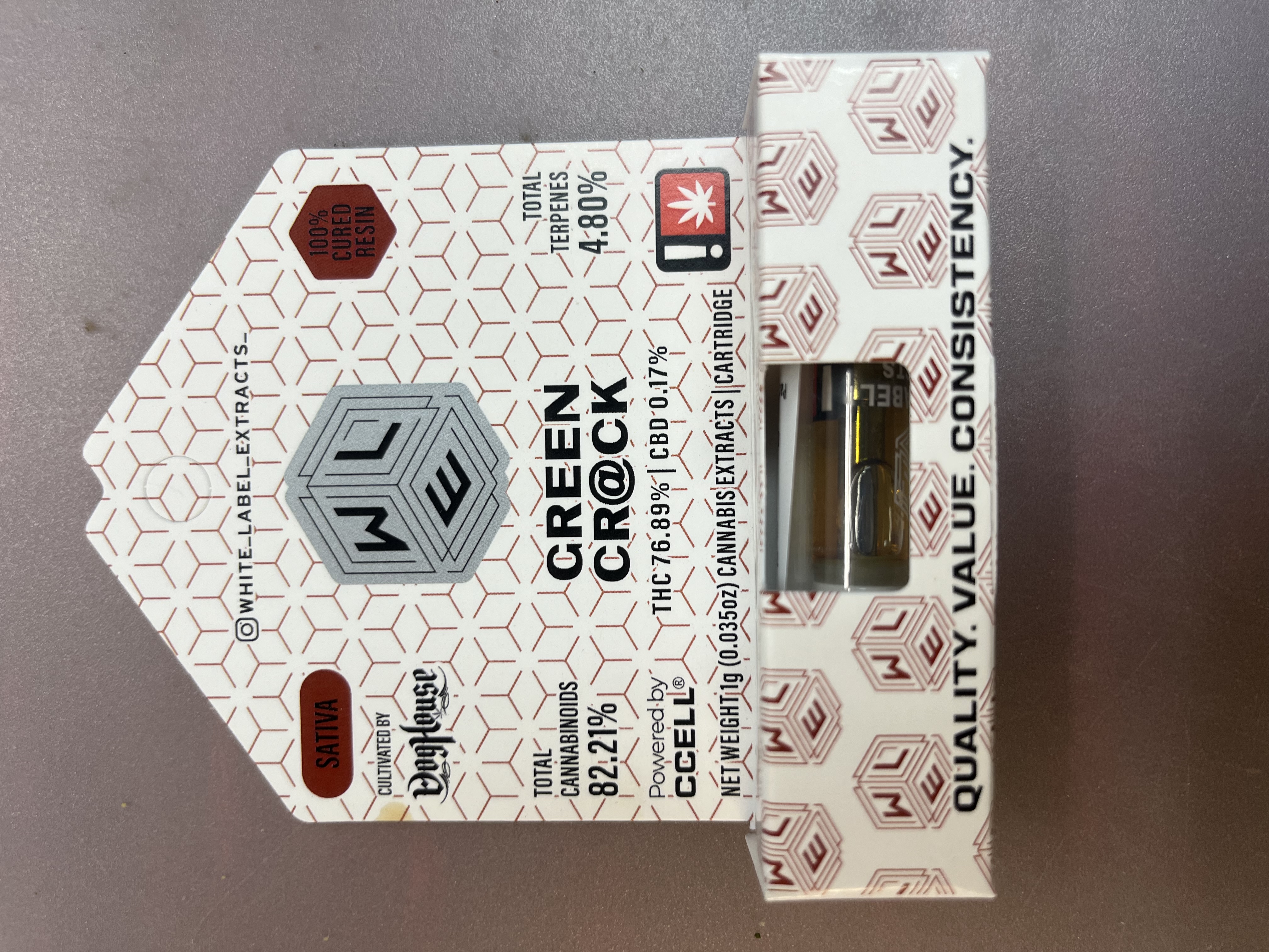 Photograph of product: Green Crack Cured Resin Cart - White Label Extracts