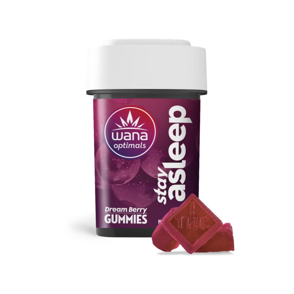 Photograph of product: Wana Optimals Stay Asleep Dream Berry Gummies 20mg CBD : 5mg CBN : 5mg CBG : 10mg THC 10pk