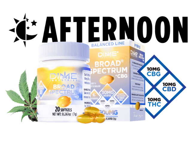 Photograph of product: Dime Industries "Afternoon" Balanced Soft Gel Capsules 1:1:1 TH-oui:CBN:CBD 200mg