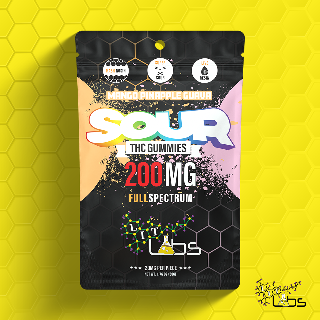 Photograph of product: 200mg Rosin+Resin Full Spec Gummy SOUR Mango Pineapple Guava 10pcs x 20mg Vegan