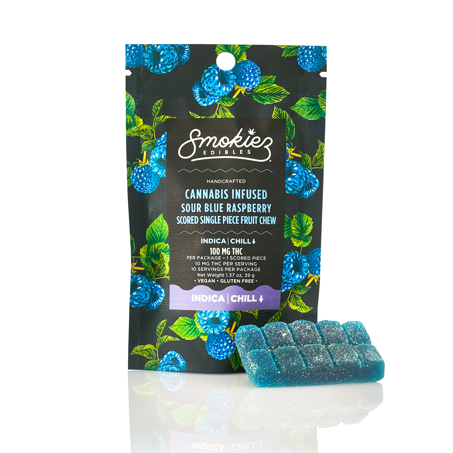 Photograph of product: Sour Blue Raspberry (I) - 100mg Scored Gummies - Smokiez